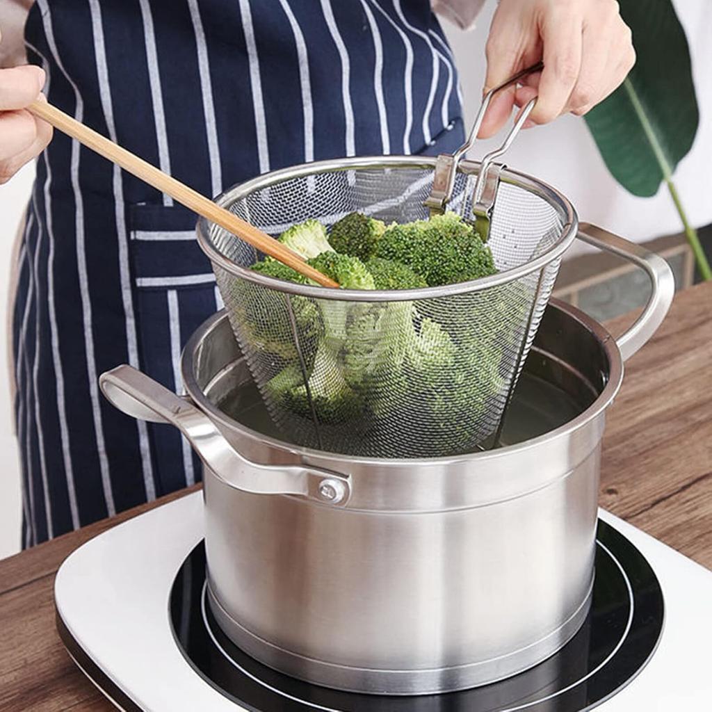 1Pc Stainless Steel Fry Basket with Handle, Round Wire Fry Basket, Steel French Fry Chip Basket (7.1 Inch)