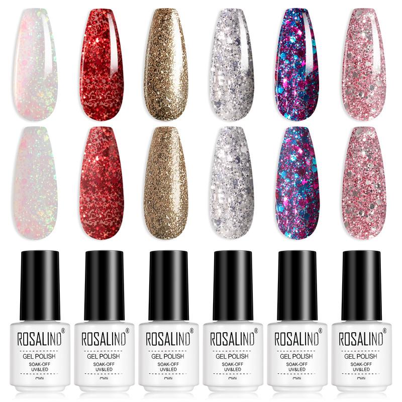ROSALIND Stylish Nail Gel Polish Set 6PCS Kits Semi Permanent For Beauty Nail Supplies Cured With UV Lamp Base Top Gel Varnish