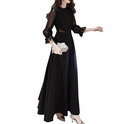 Langes Abendkleid mit Rundhalsausschnitt und langen Ärmeln, mit Wellenmuster und Netz, formend und perfekt für besondere Anlässe [SDSXZWG] Damen