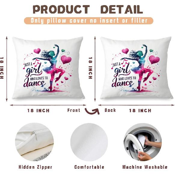 Dance Lover Pillow Cover 18x18 Inches, Watercolor Ballerina & Hearts Design, Gift for Dancers, Ballet Decor for Couch Home, Dance Studio Accentfor