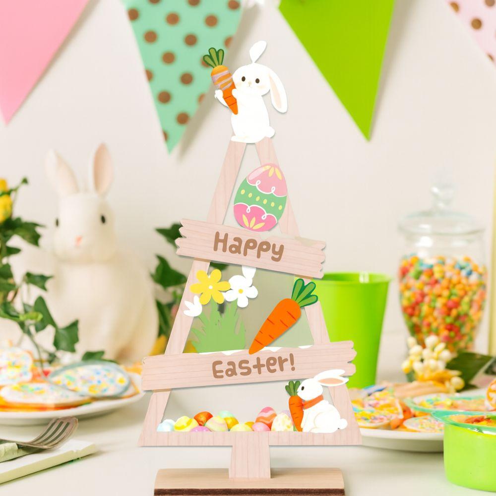 Cartoon Mini Easter Tree Ornament Colorful Blessing Wooden Rabbit Figurines Handmade Easter Desktop Decoration Dining Room