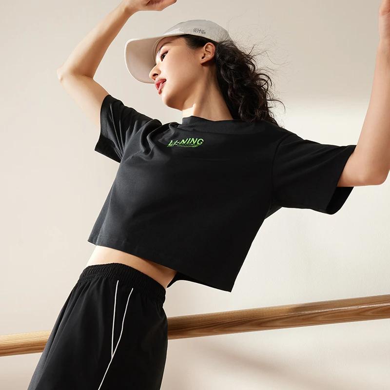 Li Ning Fitness Series Solid Color Logo Print Loose Short Sleeve T-Shirt Women Tops Black ATST608-2