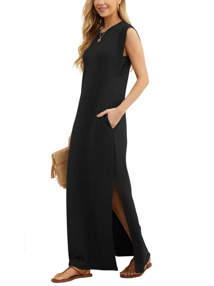 European and American new women's summer casual solid color round neck sleeveless loose long dress