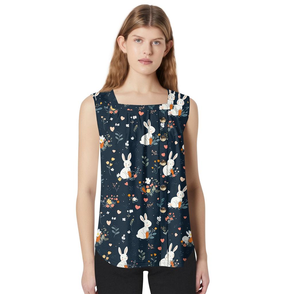 Moda damska Casual Podstawowy Plisowany Zwykły guzik Kwadratowy kołnierzyk Kamizelka bez rękawów Letnie podkoszulki z nadrukiem