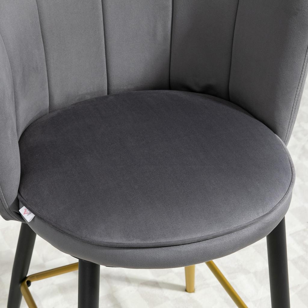 Set of 2 Velvet Bar Stools with Footrest and Steel Base, 59x52x90cm, Grey