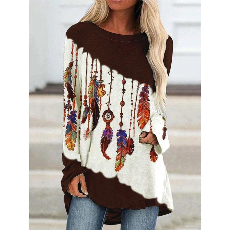 

Vintage 3d Print T-shirts Fashion Long Sleeve Ethnic Tops Women s T-shirts S