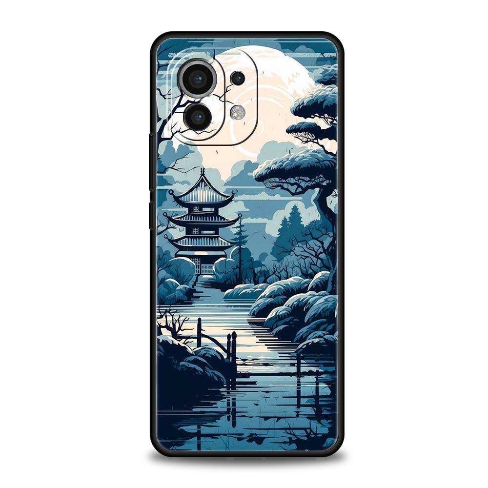 Phone Case For Xiaomi Mi 14 13 12 11 Lite 13T 12T 11x 11T 10T Pro 9T Note 10 Lite Soft Silicone Black Cover Japanese Landscape