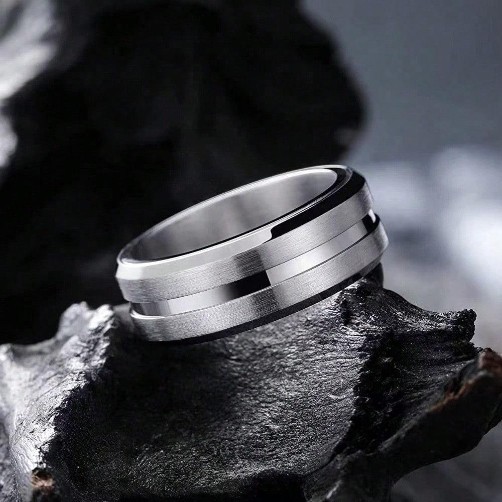 8mm Steel Black Grooved Matte Men's Luxury Wedding Engagement Ring Jewelry