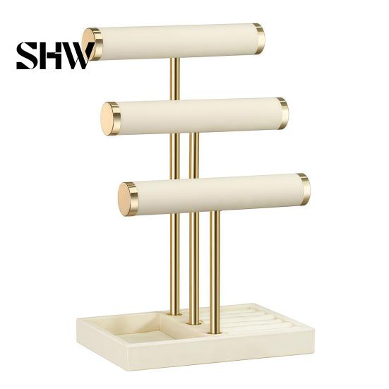 T-shaped Jewelry Holder 3 Tier Velvet Organizer, for Bracelet, Countertop Necklaces Rings, & Earrings, Stand with Storage Tray Tiered Organizer