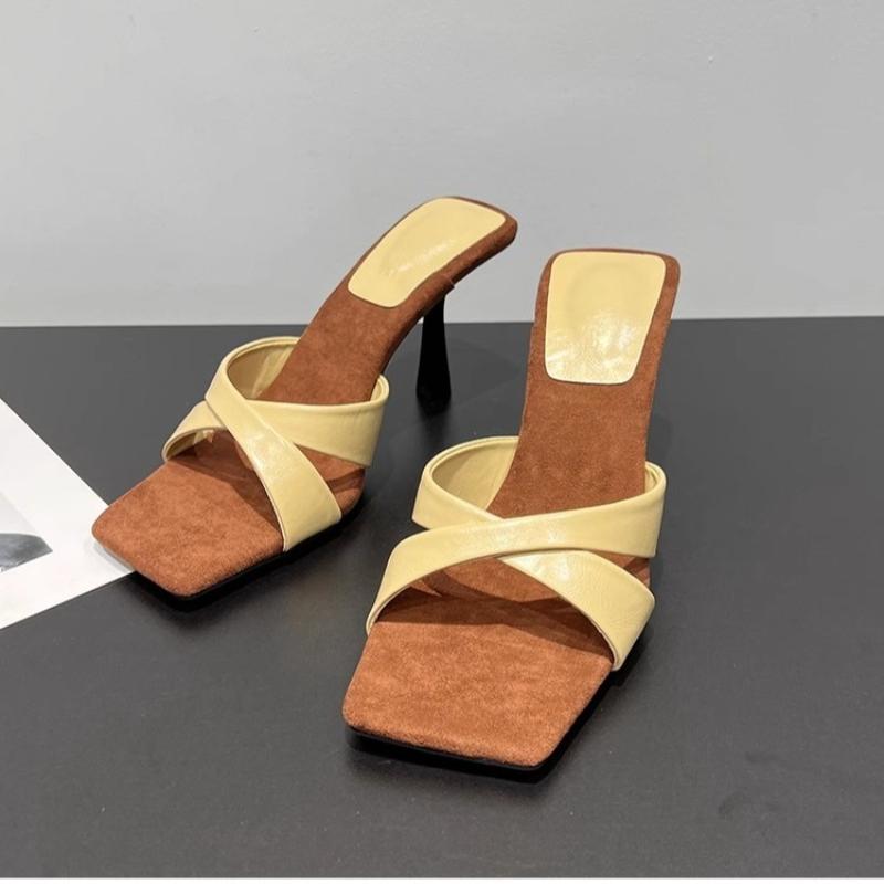 Fashion 2025 New Women's High Heels Sandal Square Head Cross Strap One Line Thin Heel Suitable  Wearing Outdoor Slippers
