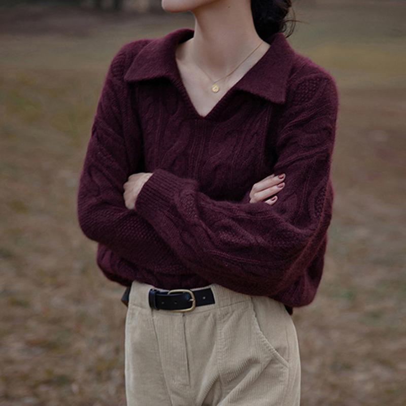 

Свитер с лацканами, женский свободный вязаный однотонный топ One size фиолетовый