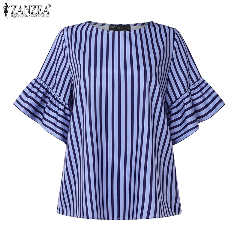 ZANZEA Kvinner Casual Rund Hals Løs Flare Erme Stripe Bluse