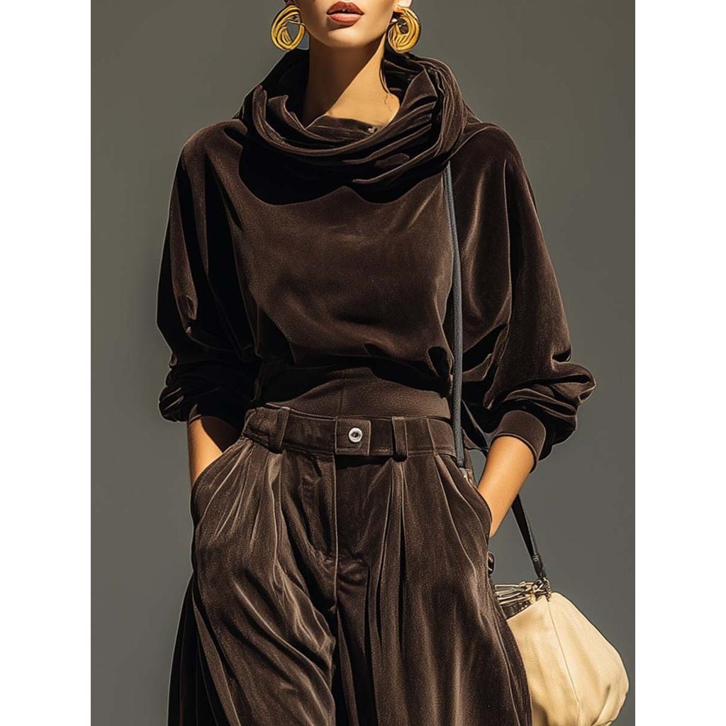 New Women's Velvet Casual Set Hooded Long Sleeve Top + Cuffed Trousers