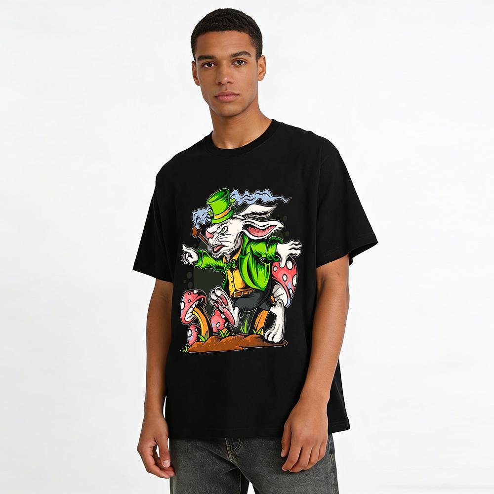 Mad Gentleman Rabbit Mushroom Print Street Style Casual T-Shirt Pure cotton T-shirt