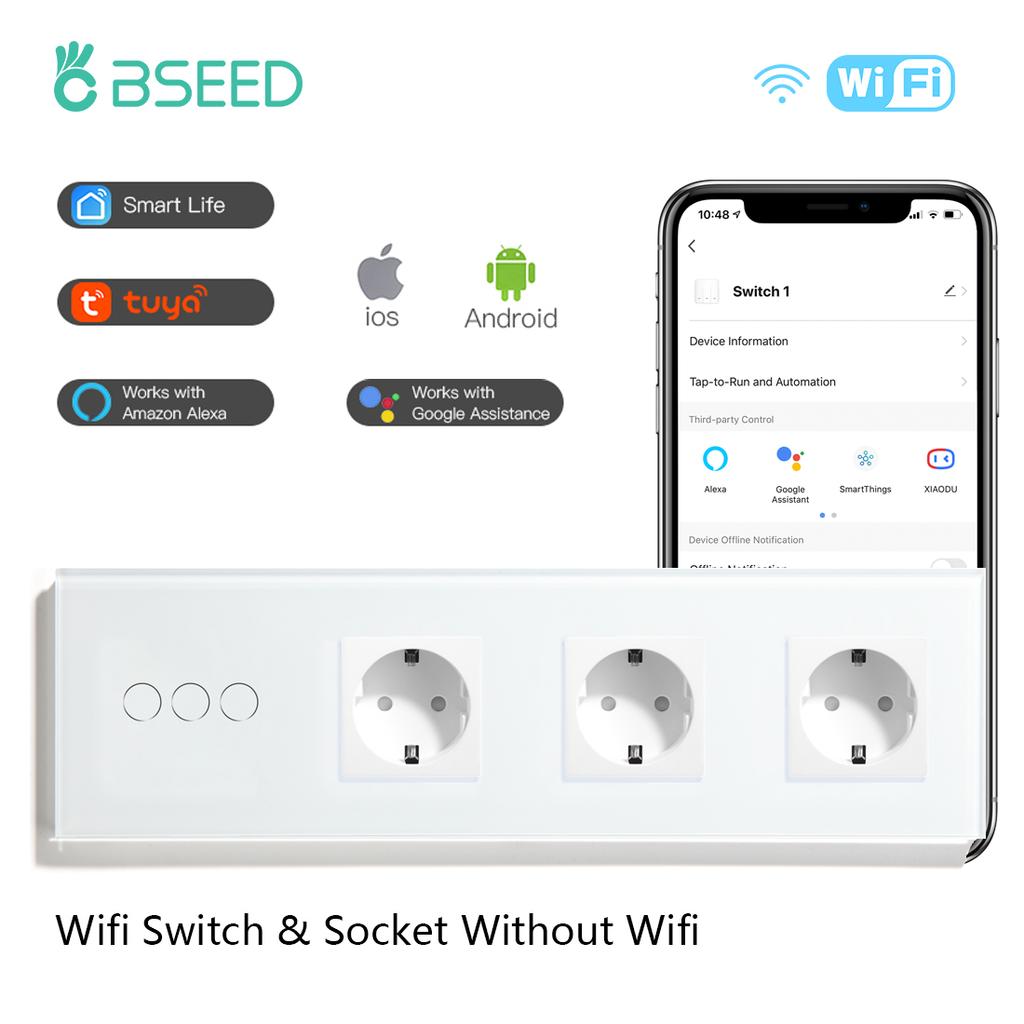 BSEED Wifi 1/2/3/4Gang Touch Light Switches Tuya Smart Life App Control Plus Triple Normal Sockets EU Standard Glass Panels