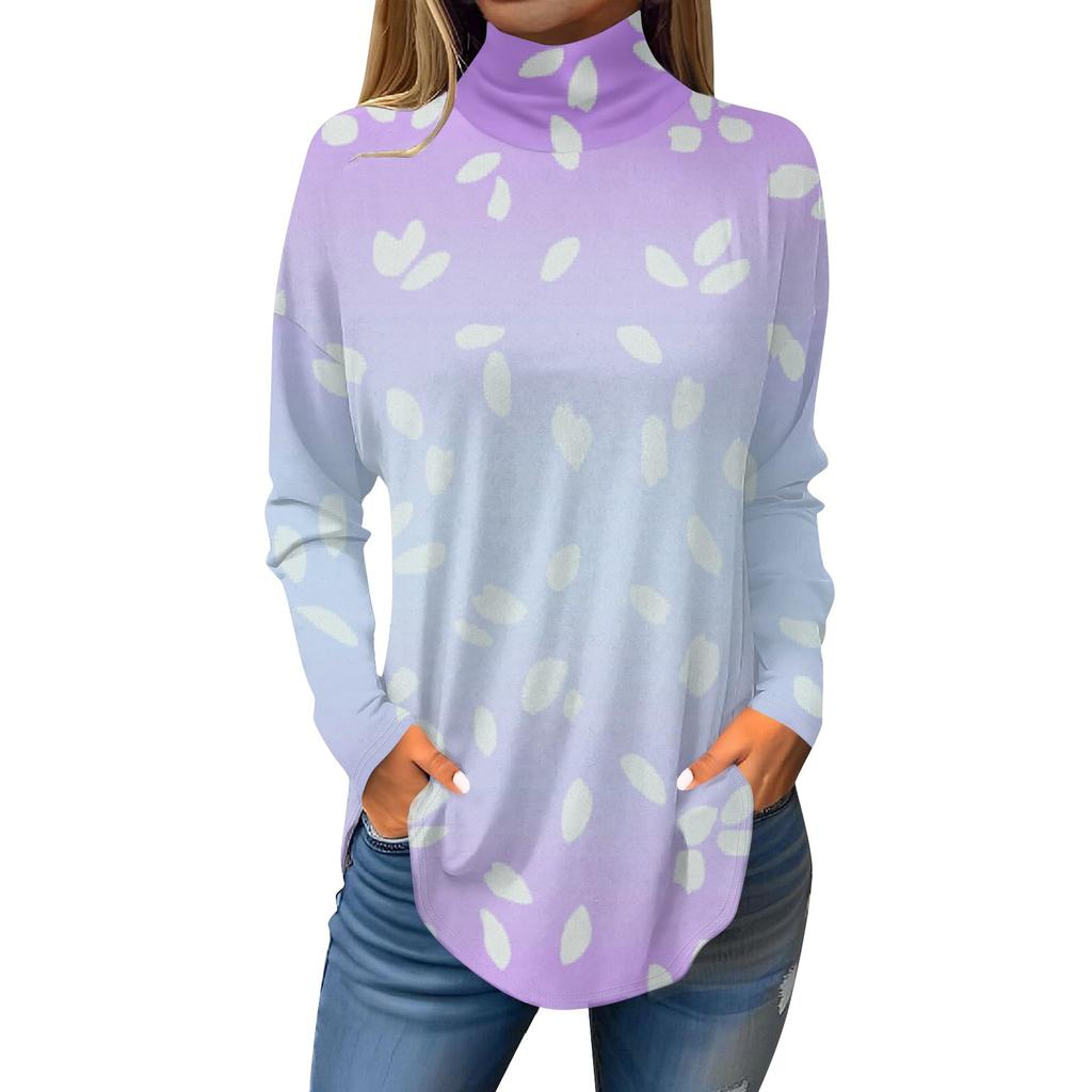 Tee Shirts For Women Fall Casual Long Sleeve Shirts Sweatshirt Vintage Printed High Neck Top Pullover