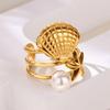 Starfish Shell Pearl Rings For Women Gold Color Stainless Steel Shell Pearl Adjustable Ring Party Christmas Vintage Jewelry Gift