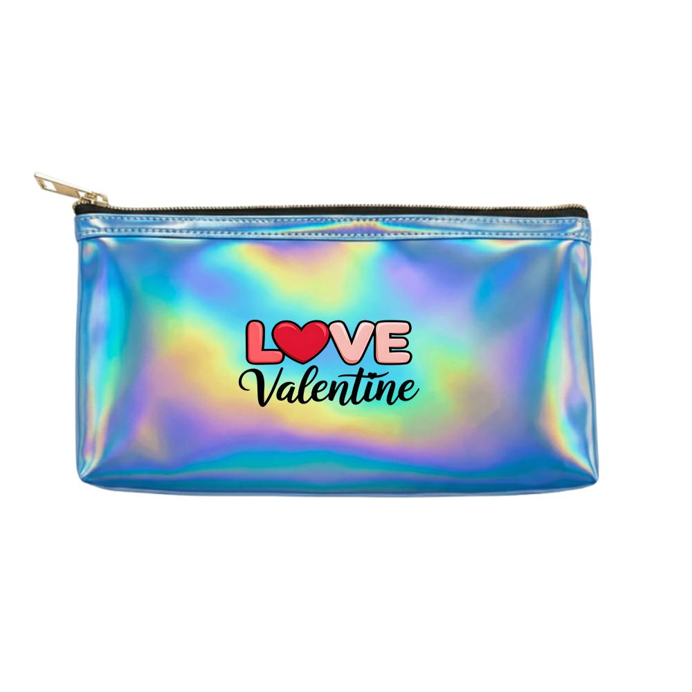 Cute Heart Letter Print Laser Cosmetic Makeup Bag Holographic Toiletry Pouch, PortableTravel Organizer for Valentine Gift Party