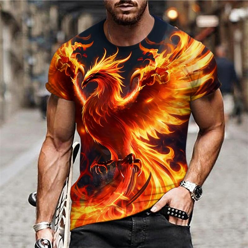 Fantastica T-shirt con Stampa Fenice Fiammeggiante da Uomo Personalità Cool Streetwear Manica Corta T-shirt Harajuku Tendenza Maglietta da Uomo