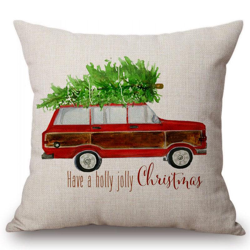 Watercolor Christmas Cars Print Home Decorative Pillow For Sofa Christmas New Year Decoration Cushion Cover Car Pillows Cases
