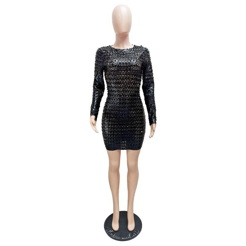 

Women s round Neck Fashion Hip Bag Hollow Dress Sheath Dress Black XL