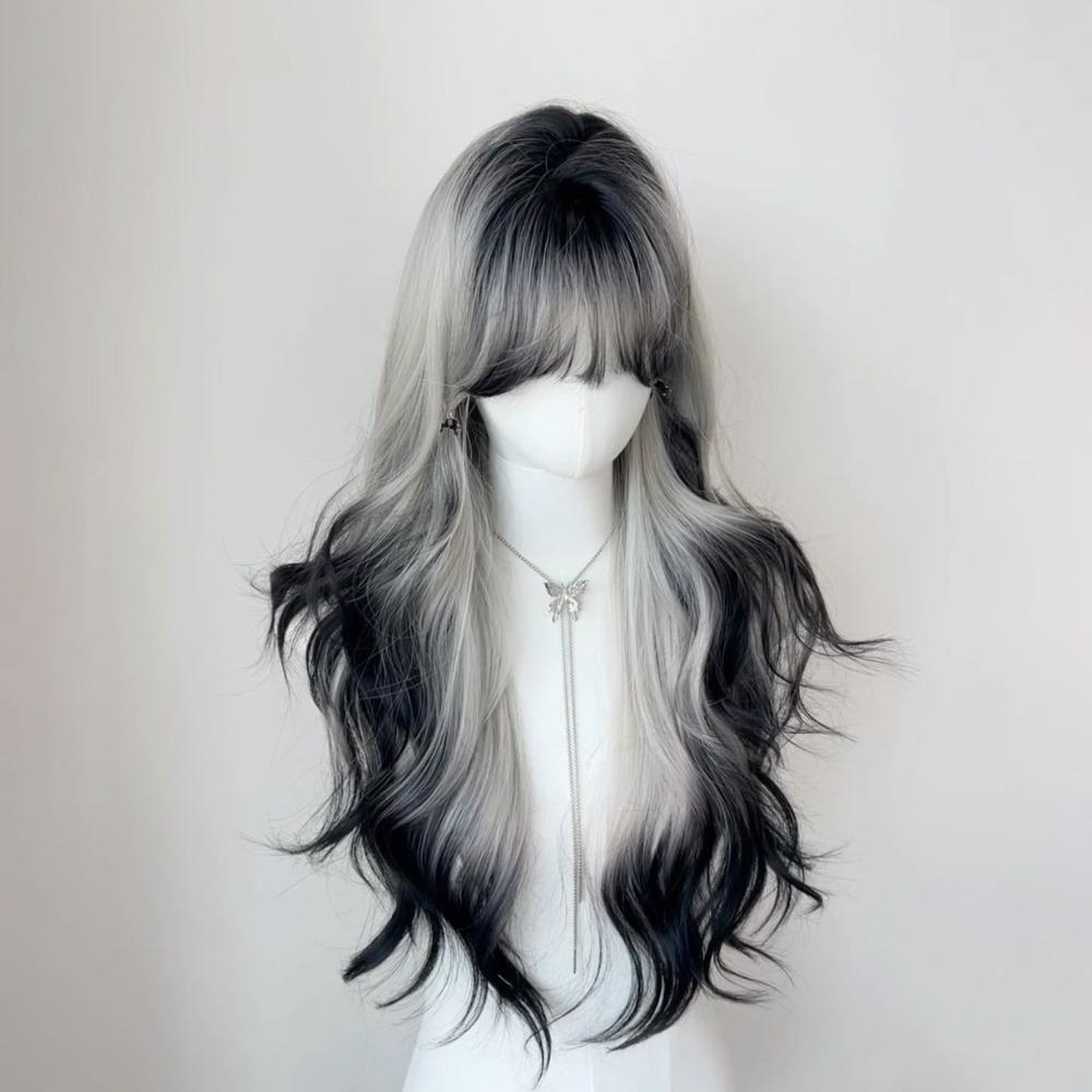Halloween Long Body Wave Wigs Air Bangs Lolita Cosplay Wigs Black and Gray Gradient Wigs for Women