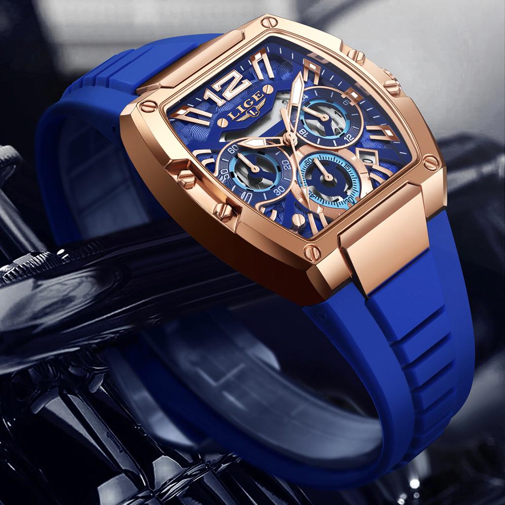 LIGE Nuovo Orologio da Uomo Cronografo Quarzo Quadrante Tonneau Dorato Sportivo Orologio Casual Moda Cinturino in Silicone Orologio da Uomo+Scatola