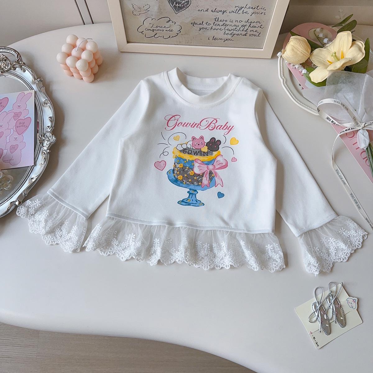 Girls Korean Style Lace Trim Cartoon Long Sleeve Top - Spring/Autumn Size 90
