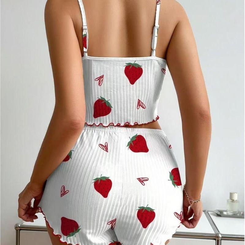 European and American Women's Strawberry Print Pajama Set - Ribbed Camisole and Shorts, Suitable for All Seasons