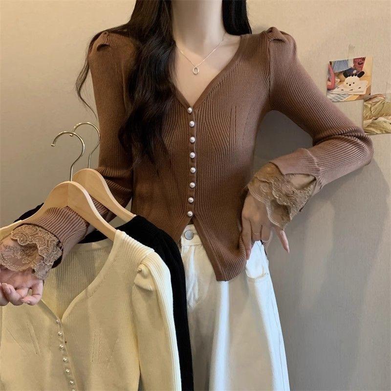 Private Lady Knit Cardigan With Lace Splicing And Princess Sleeves For Spring Wear
