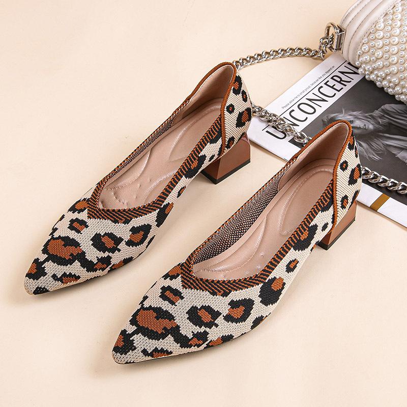Spring and Autumn New Weaving Fly Knitting Breathable Sleeve Pointed Women's Thick High Heel Single Shoes