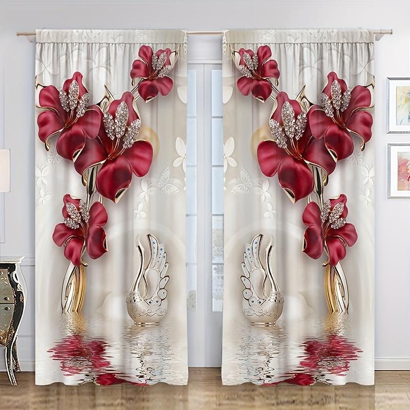 2 stuks Luxe Mooie Rode Roos Gouden Bloemen Bedrukte Gordijnroede Zakgordijn Voor Slaapkamer En Woonkamer Huiskamer Decor W50xH130(CM)x2pcs&Hook
