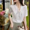 Knitted Short Sleeved T-shirt for Women White Tencel Lace Up Bow Top