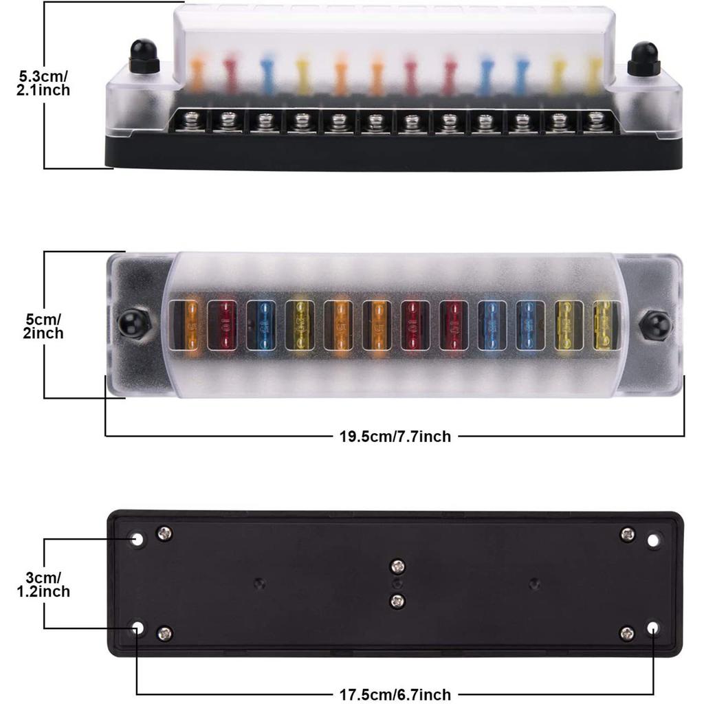 Blok bezpieczników 12-drożny, Anody dodatnie i ujemne 12V 32V Uchwyt bezpieczników płytkowych ATC ATO Standardowa skrzynka bezpiecznikowa z naklejkami etykietowymi