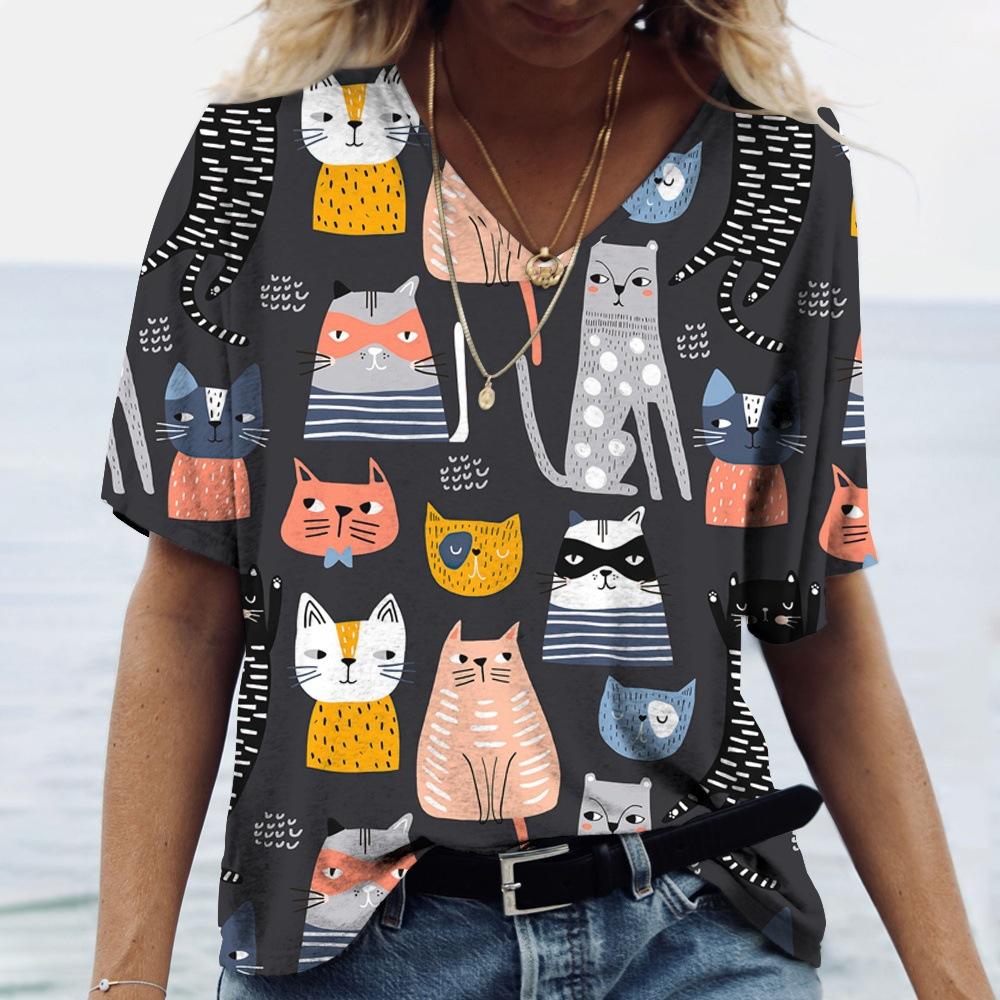 Summer Cartoon Cat Short Sleeved Women's T-shirt V-neck Animal Print T-shirt Loose Comfortable Plus Size T-shirt