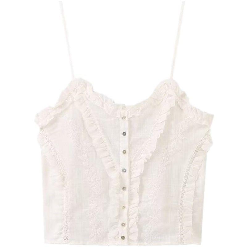 Fashion Style 2024 Autumn New Women's Clothing Embroider Cotton Plaid French Strap Tops 0881073