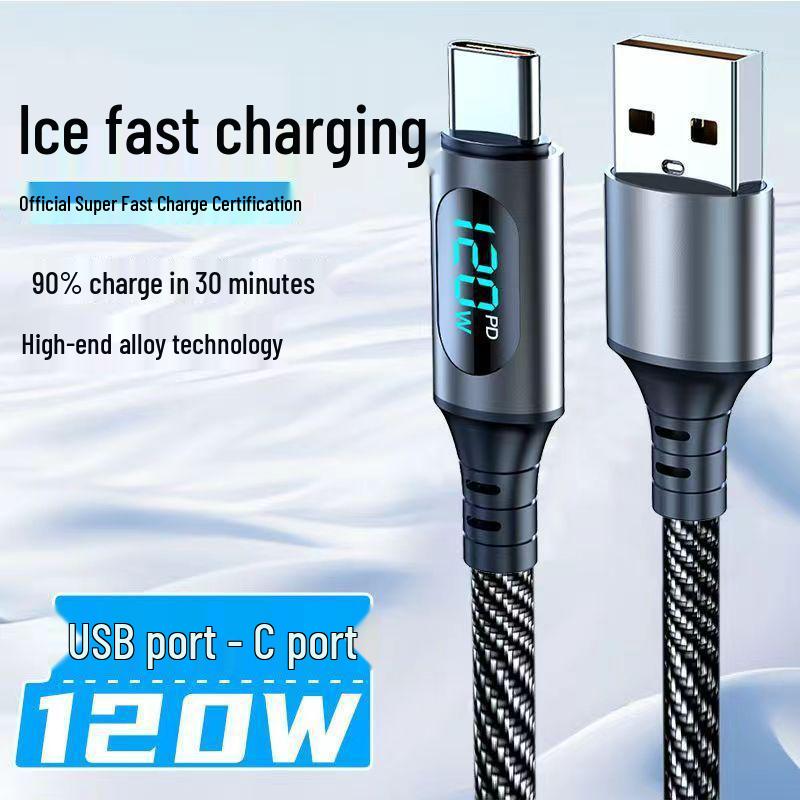 120W Super Fast Charging 3-in-1 Cable with Digital Display for Apple, Huawei, OPPO