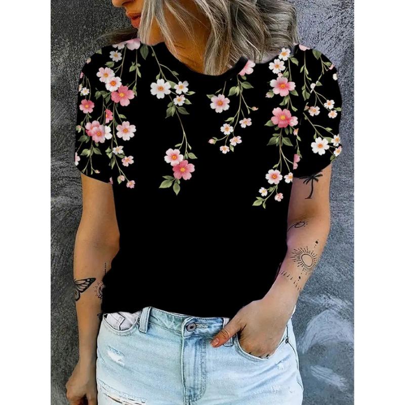 Printed Design Not Textured Summer Round Neck Short Sleeve T-Shirt Women