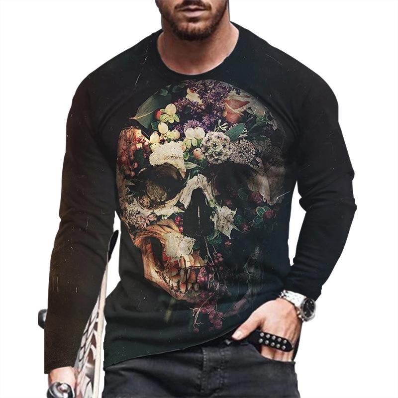 Spring and Autumn Round Neck Skull 3D Printed Top Fashionable Casual Long Sleeved Men's T-shirts
