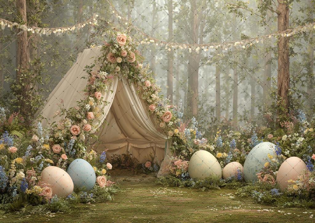 Spring Easter Photography Background Boho Tent Colorful Eggs Flower Baby Shower Birthday Party Decor Kid Portrait Photo Backdrop