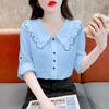 Spring and Autumn Doll Neck Shirt for Women Short Sleeves Shirt Temperament Loose Top