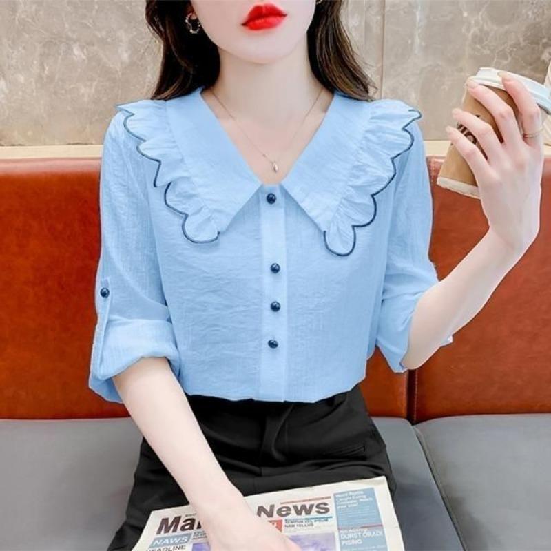 Spring and Autumn Doll Neck Shirt for Women Short Sleeves Shirt Temperament Loose Top