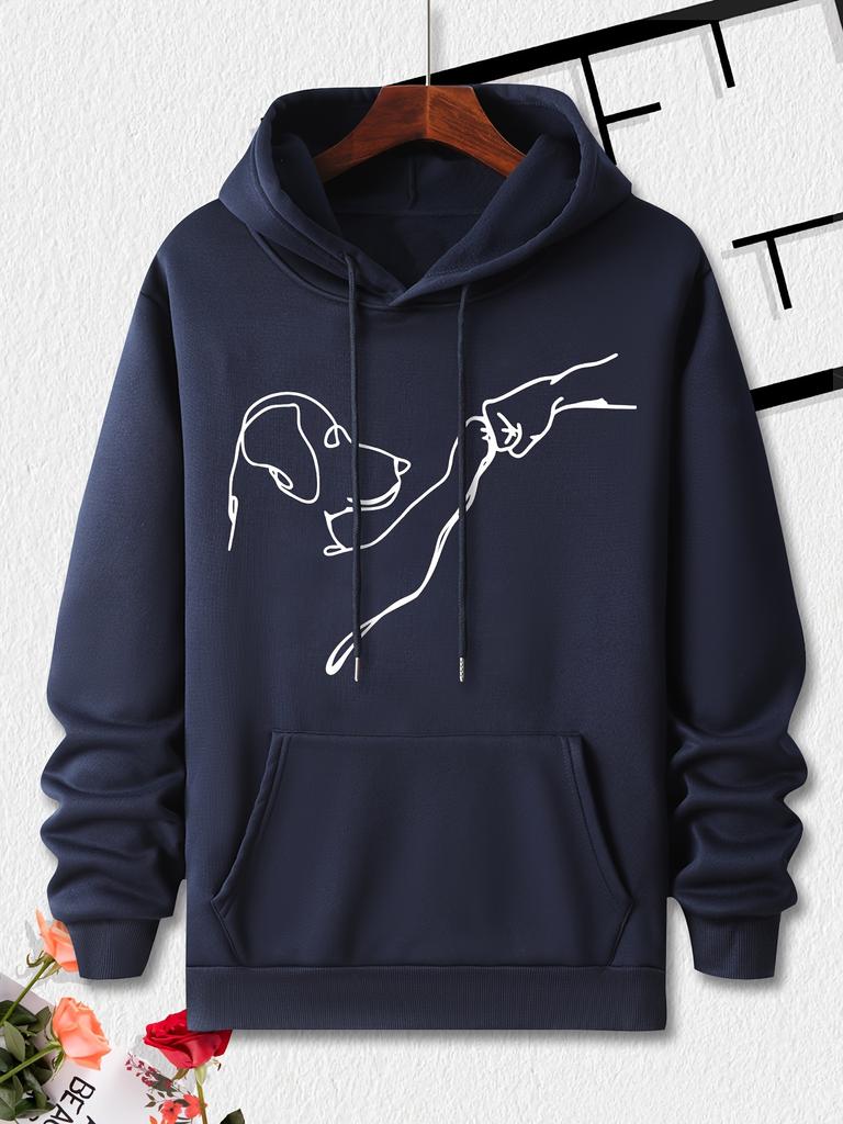Simple Line Drawing Pet Puppy Interaction Graphic Solid Cream Oversized Hoodie for Men, Hip Hop Daily Sports Soft Streetwear Hooded Sweatshirt