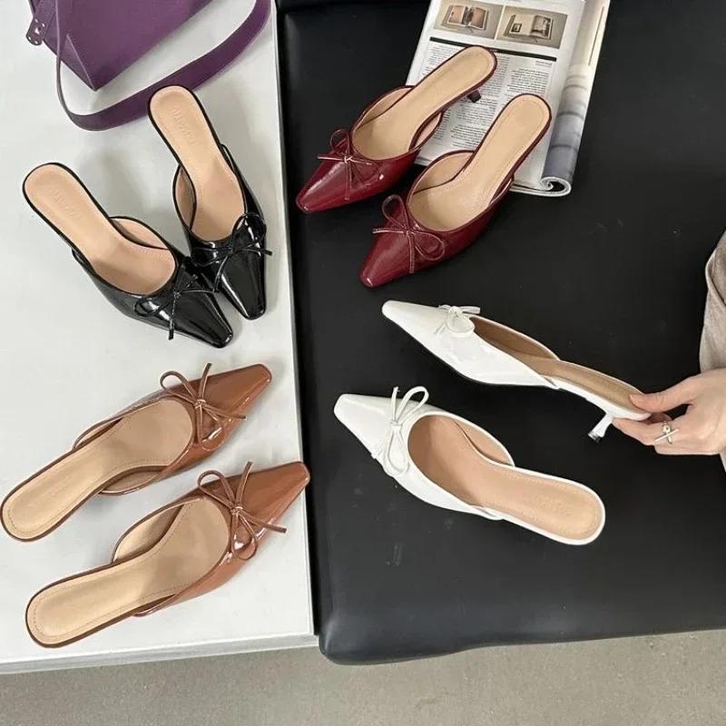 Fashion Butterfly-Knot Ladies Thin Heels Shoes Pointed Toe Pumps Slides Footwear Women Medium Heels Female Slippers Mules