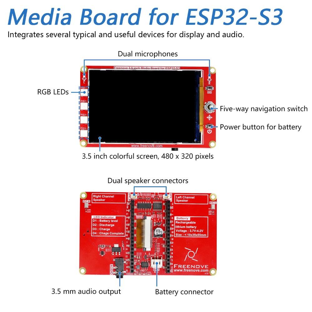 Freenove Media Kit for ESP32-S3 ESP32 S3 CAM 3.5 Inch, OpenAI / XiaoZhiAI, Dual-core 32-bit 240 MHz, Dual Speakers & Microphones