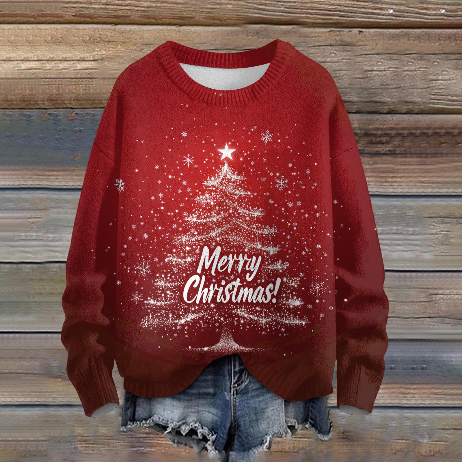 

Женский модный повседневный трикотаж с длинными рукавами и красивым принтом рождественской елки, круглый вырез XL красный