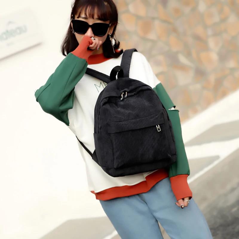 Women's Corduroy Backpack Fashion School Bag Pure Color Shoulder Pack Teen Girl Mochila Casual 