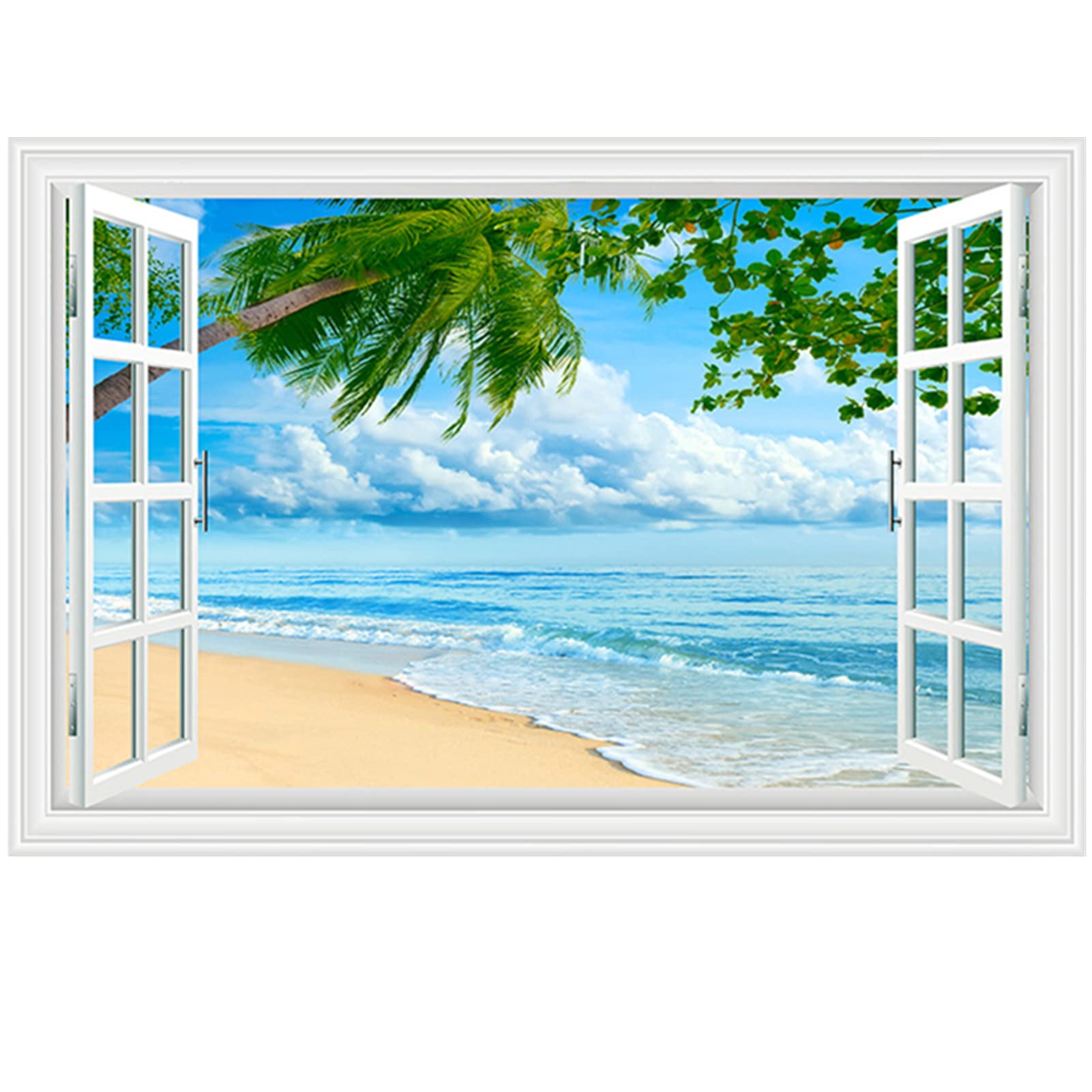 

HOTIYOK Fake Window Sticker Wall Sticker Window Ocean Window View Painting Style Wallpaper Poster Blue Sky and Sea Sea of Clouds Mirror Lake Surface