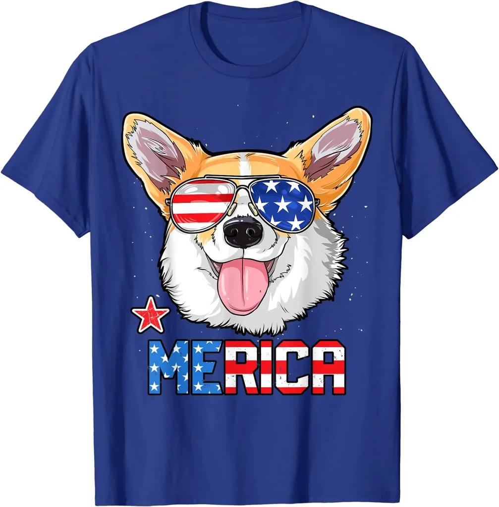Corgi Merica 4th of July T Shirt Boys Girls Dog Puppy Casual T Shirts Daily Four Seasons Cotton Tees Vintage T Shirt Unisex