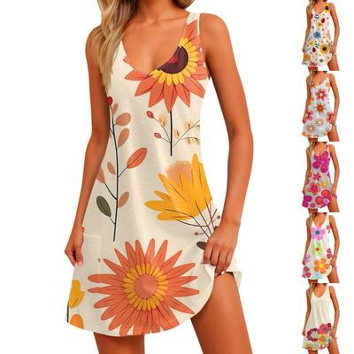 Lässiges Strandkleid für Damen mit V-Ausschnitt und Blumendruck und Taschen
